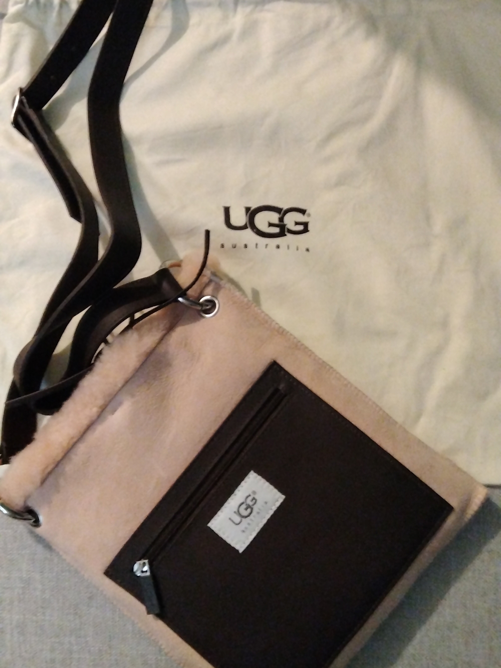 UGG Pink Beige Shearling Crossbody with Black Front Pocket Australian Made